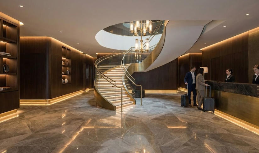 High-quality interior design hotel lobby render created using the advanced promeai prompt framework designers recommend.