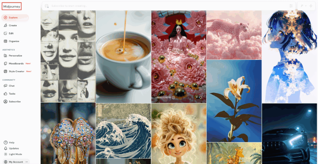 MidJourney gallery showing artistic image styles, illustrating aesthetic differences in a PromeAI vs MidJourney comparison 2026.