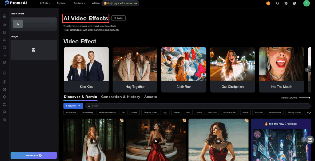 The AI Video Effects dashboard displaying various templates available through the PromeAI pricing coins cost calculator subscriptions.