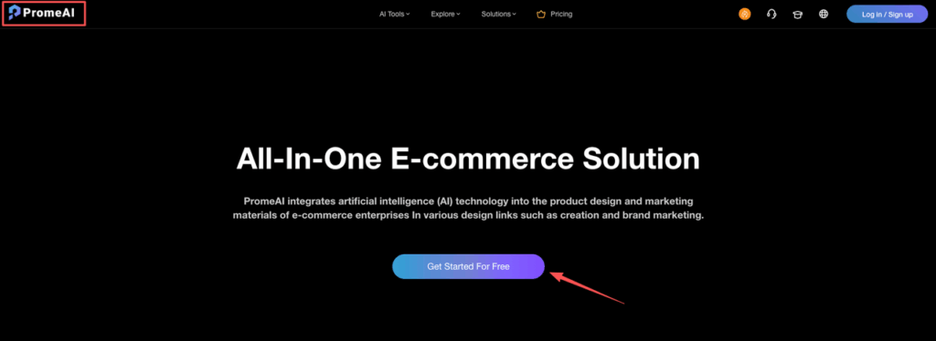 PromeAI homepage displaying the All-In-One solution button to start creating professional ecommerce product photo studio shots.