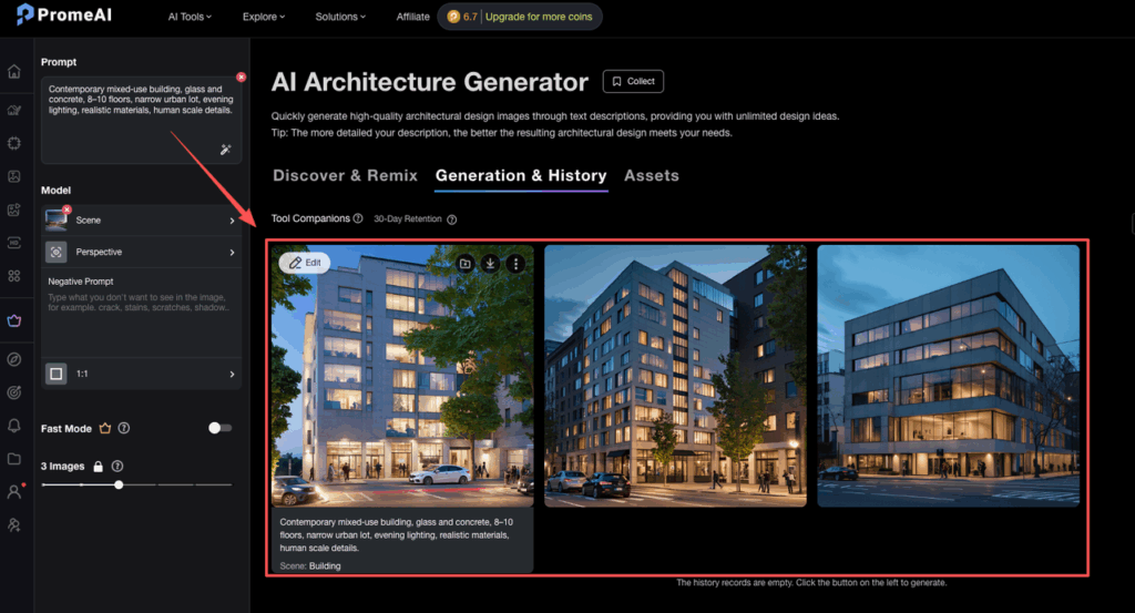 PromeAI vs MidJourney comparison 2026 showing PromeAI architecture generation interface with realistic renders.