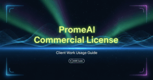 A banner displaying the official PromeAI commercial license client work usage guide for 2026 on a starry background.