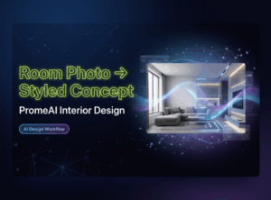A promotional graphic illustrating the ai interior design room photo promeai workflow transforming a simple photo to a concept.