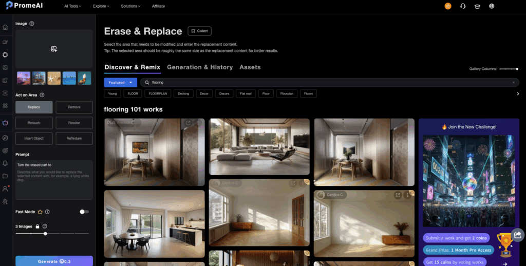 The Erase & Replace tool interface displaying flooring options for ai interior design room photo promeai editing and remixing.