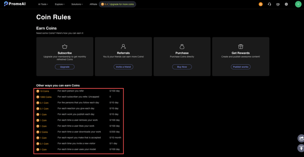 A list of rules for earning free currency within the PromeAI pricing coins cost calculator system via referrals and daily tasks.
