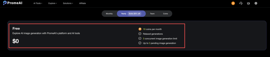 The Free plan pricing tier showing zero cost but excluding the full PromeAI commercial license client work rights.