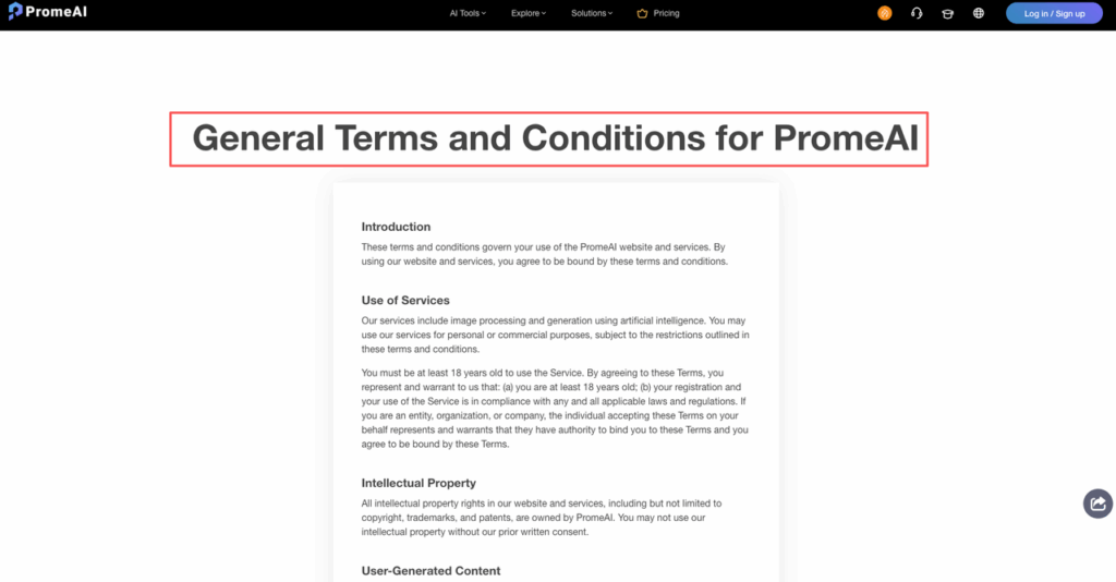 The official General Terms and Conditions page outline governing PromeAI commercial license client work agreements.