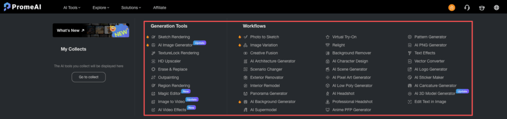 The extensive menu of generation tools and workflows in PromeAI, reviewed as an alternative in this Seedance 2.0 guide.