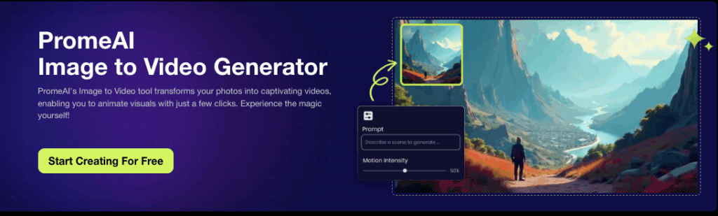 A promotional graphic showing the PromeAI image to video smooth motion generator tool with a motion intensity slider.