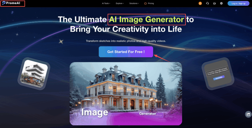 The homepage of the AI image generator where users start creating designs for PromeAI commercial license client work.