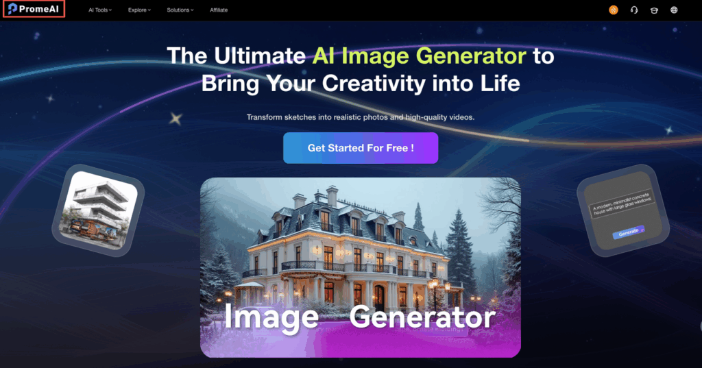 Homepage of PromeAI, an alternative tool discussed in this Seedance 2.0 guide, displaying a realistic architectural rendering. 