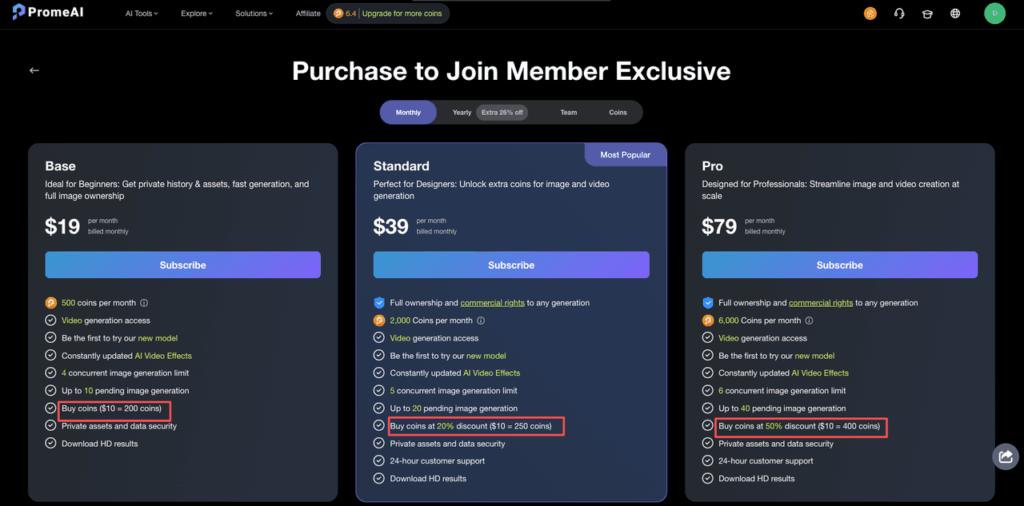 Comparison chart of Base, Standard, and Pro plans detailing the PromeAI pricing coins cost calculator and monthly billing options.