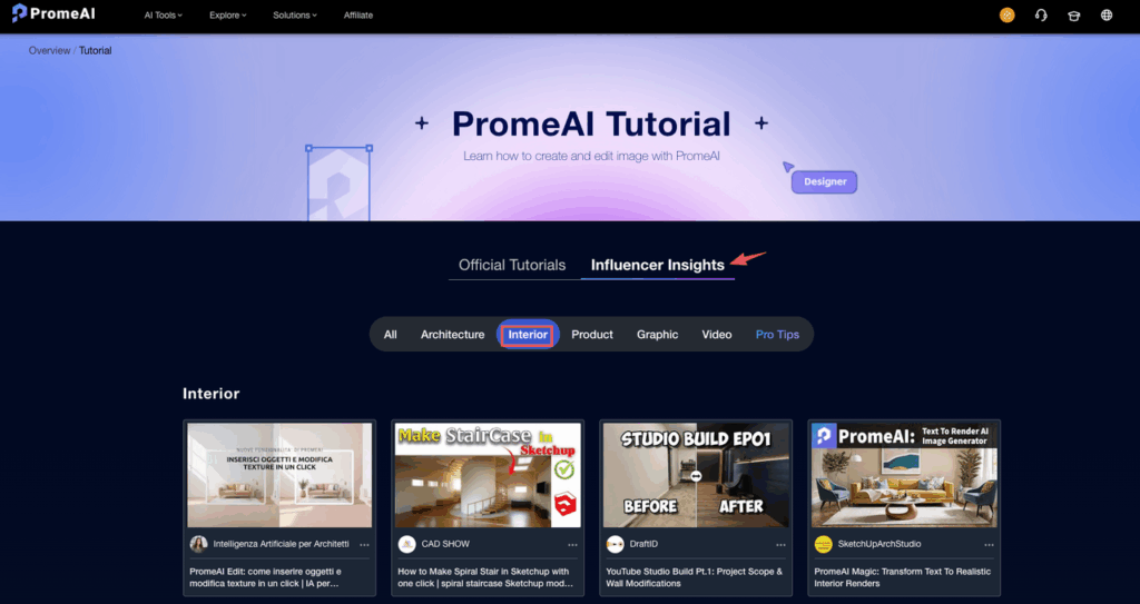 Website screenshot featuring influencer video tutorials for ai interior design room photo promeai creation and 3D modeling.