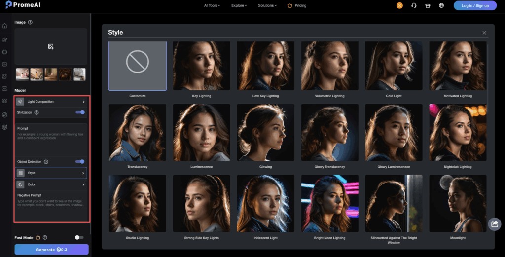 PromeAI interface displaying lighting style templates to enhance the look of your ecommerce product photo studio shot.