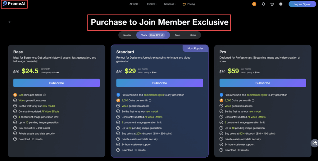 PromeAI subscription plans including Standard and Pro, offering options for generating ecommerce product photo studio shots.