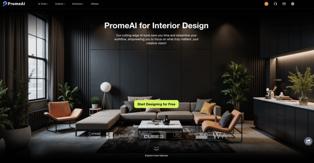 The official homepage displaying a sleek living room created using ai interior design room photo promeai software tools. 