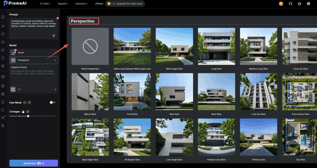 PromeAI perspective settings menu, highlighting control features relevant to a PromeAI vs MidJourney comparison 2026.