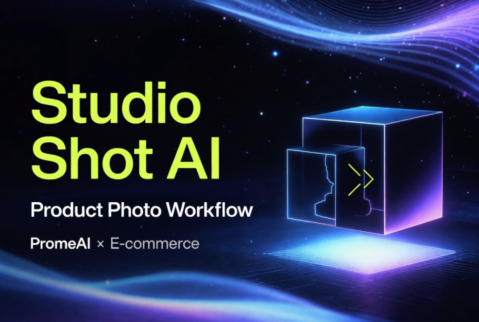 PromeAI promotional banner featuring a neon cube, introducing the AI workflow for ecommerce product photo studio shots.