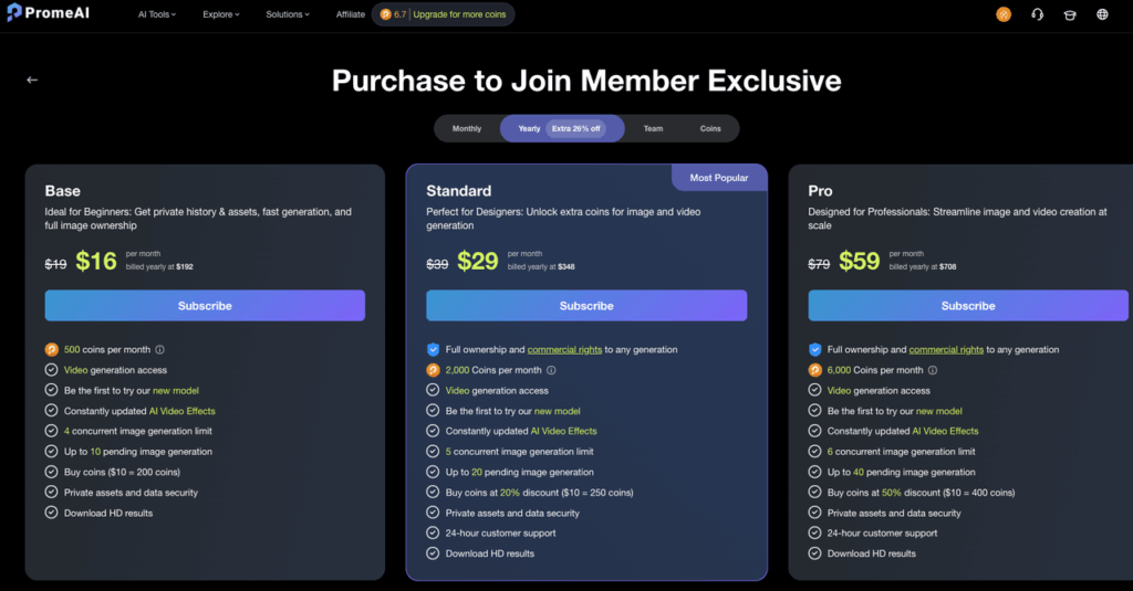 Detailed view of subscription costs for the PromeAI vs MidJourney comparison 2026, featuring Base, Standard, and Pro plans.