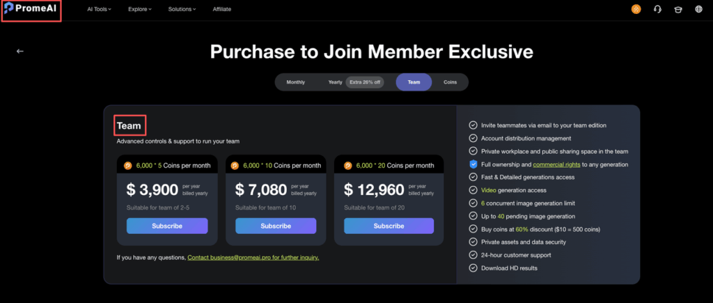 Team subscription options showing the PromeAI pricing coins cost calculator for groups of 2 to 20 users with yearly billing rates.