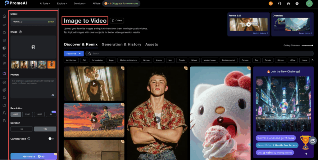 The user interface showing the PromeAI image to video smooth motion settings panel, including model selection and duration.