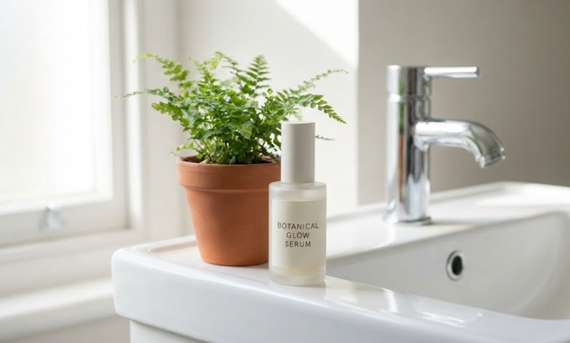 Realistic botanical serum product photography generated by following the promeai prompt framework designers use for ads.
