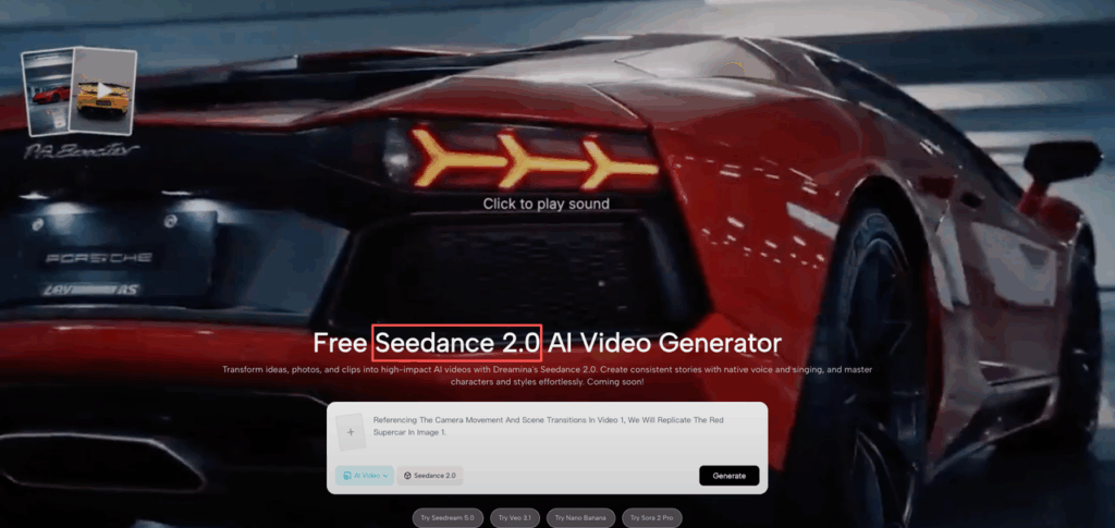 Interface of the video generator displaying a red supercar and a prompt referencing specific Seedance 2.0 camera movement.