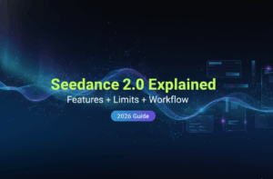 Futuristic banner for the 2026 Seedance 2.0 guide explaining features, limits, and workflows for AI video generation.