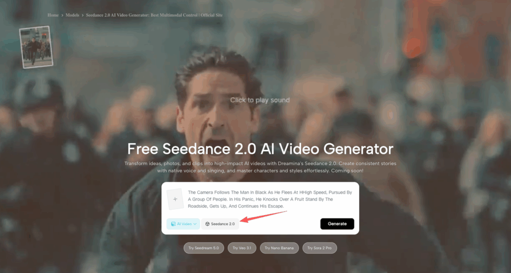 The AI video generator interface showing where to input the Seedance 2.0 prompt structure to transform text into action scenes.