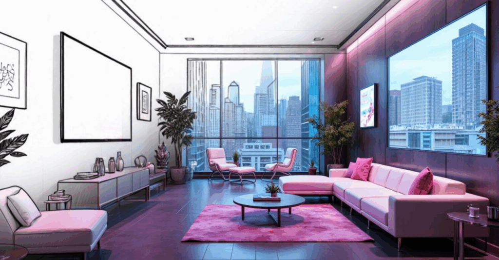An interior design sketch transforming into a realistic render, illustrating a key branch of the PromeAI tools guide decision tree.
