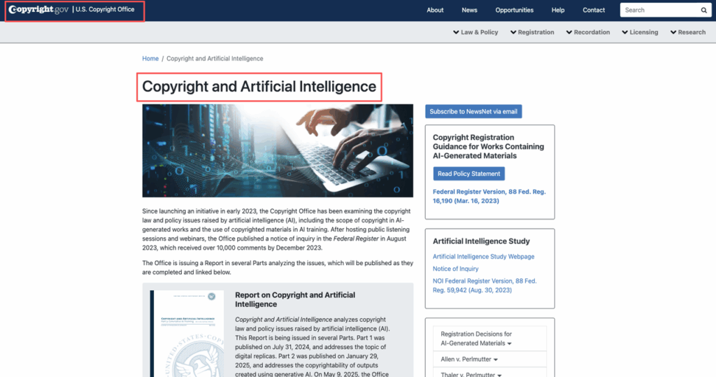 Screenshot of the US Copyright Office page regarding AI, relevant to PromeAI commercial license client work legalities.