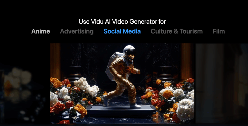 Golden astronaut running through flowers generated by Vidu Q3 AI video generator showcasing high-quality social media clips.