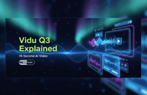 Futuristic banner for Vidu Q3 explained guide featuring audio waves and screens showing 16-second AI video generation.