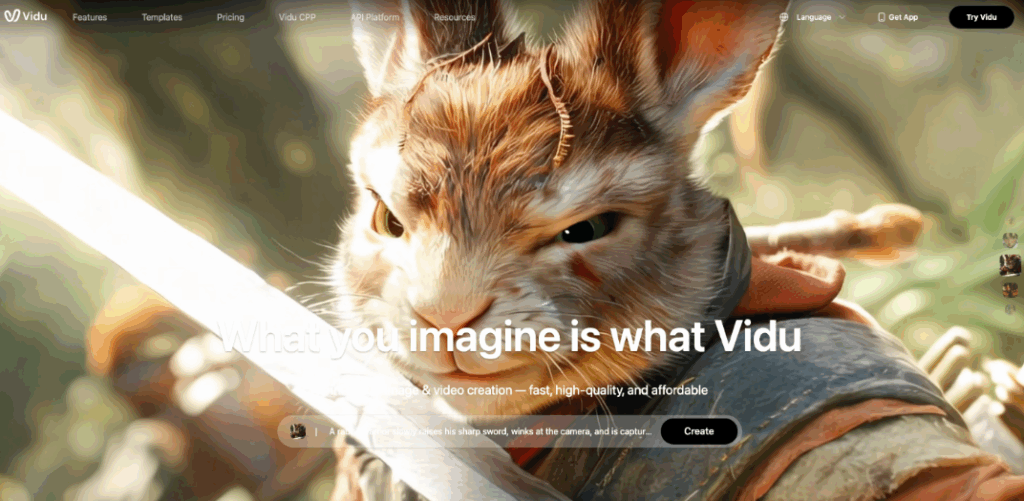 Detailed rabbit warrior image on the landing page showing how Vidu Q3 transforms text prompts into high-quality video.
