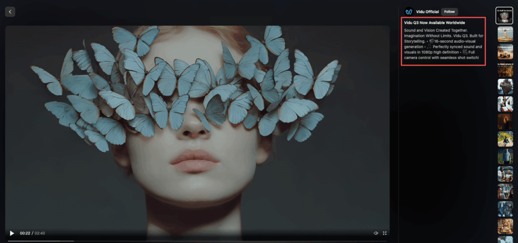 Cinematic shot of a woman with butterflies alongside text announcing Vidu Q3 is available worldwide with audio-visual sync.