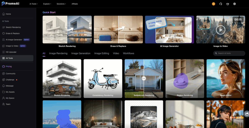 PromeAI tools dashboard featuring region rendering for precision selective edit alongside sketch, consistency and magic editor