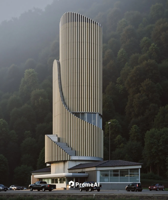 Dramatic evening render of curved modern tower building with misty forest backdrop using PromeAI architectural lighting prompts cheatsheet techniques