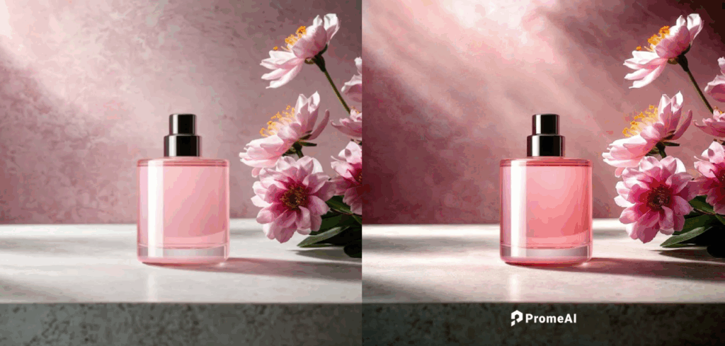 Before and after PromeAI Relight on pink perfume bottle with floral backdrop using studio-grade photo lighting effects