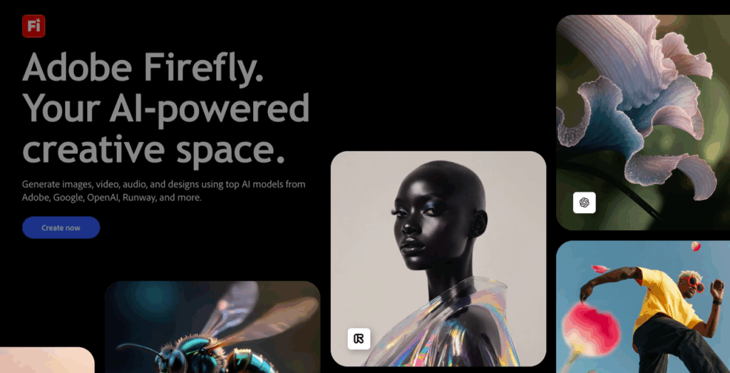 Adobe Firefly creative space showcasing AI-generated portraits, florals, and dynamic figures, highlighted in AI image generator selection guide for designers.