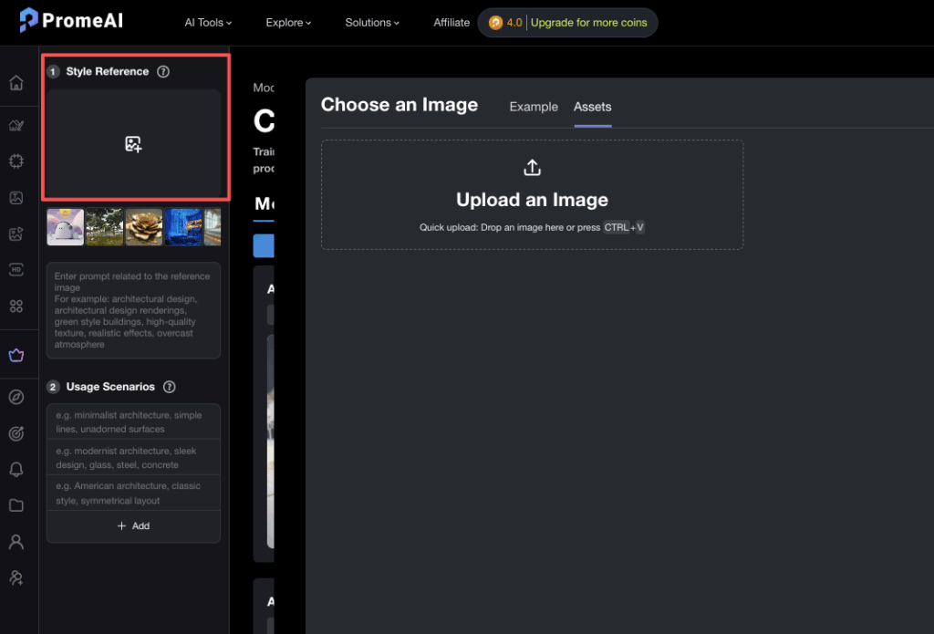 PromeAI consistent character identity setup with style reference image upload, prompt input for architectural design, and usage scenario tags like minimalist modern