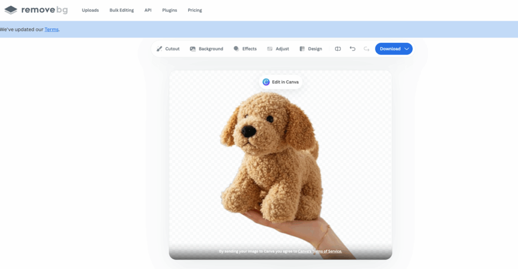 Remove.bg dedicated background remover tool result for plush puppy in promeai vs dedicated tools ecommerce comparison test