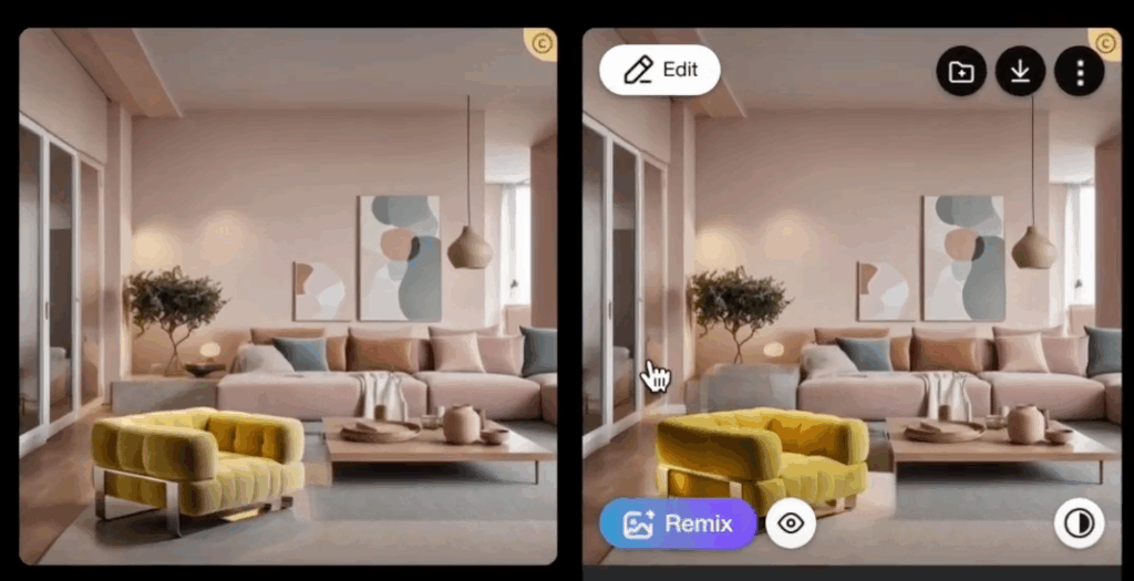 Before and after using promeai erase replace inpainting: changing green sofa to vibrant yellow in modern living room with seamless AI blending.