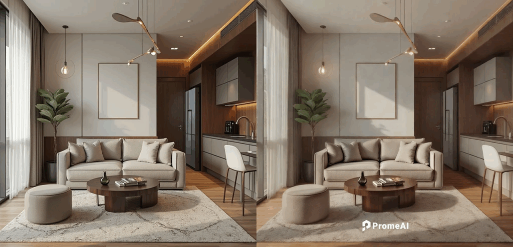 PromeAI Relight before and after on cozy modern living room applying studio-grade photo lighting for warm atmosphere