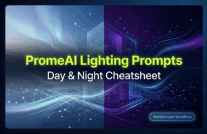 Comprehensive PromeAI architectural lighting prompts cheatsheet for day and night rendering effects, split design with aurora and neon glow