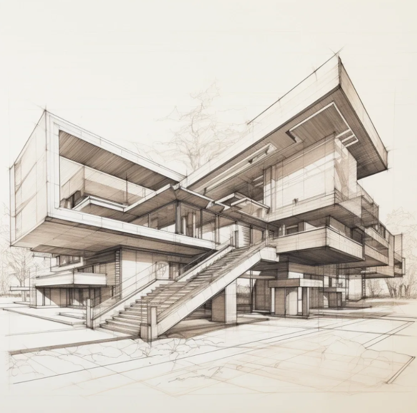 PromeAI guide example fixing AI render problems in architectural sketches – detailed pencil rendering of modern building avoiding muddy and overcooked issues