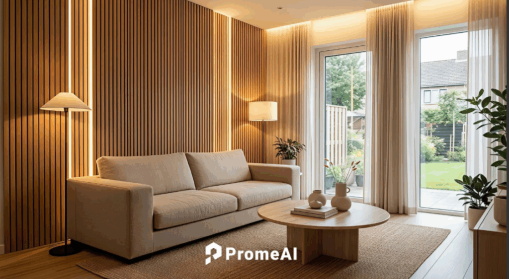 Stunning AI-generated cozy living room with wooden slats and warm lighting, perfect showcase in AI image generator selection guide for designers 2026.