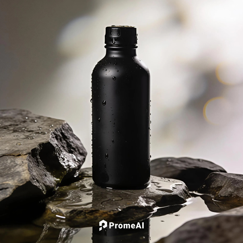 Hyper-realistic black water bottle product photo with water droplets, generated by AI and reviewed in AI image generator selection guide for designers.