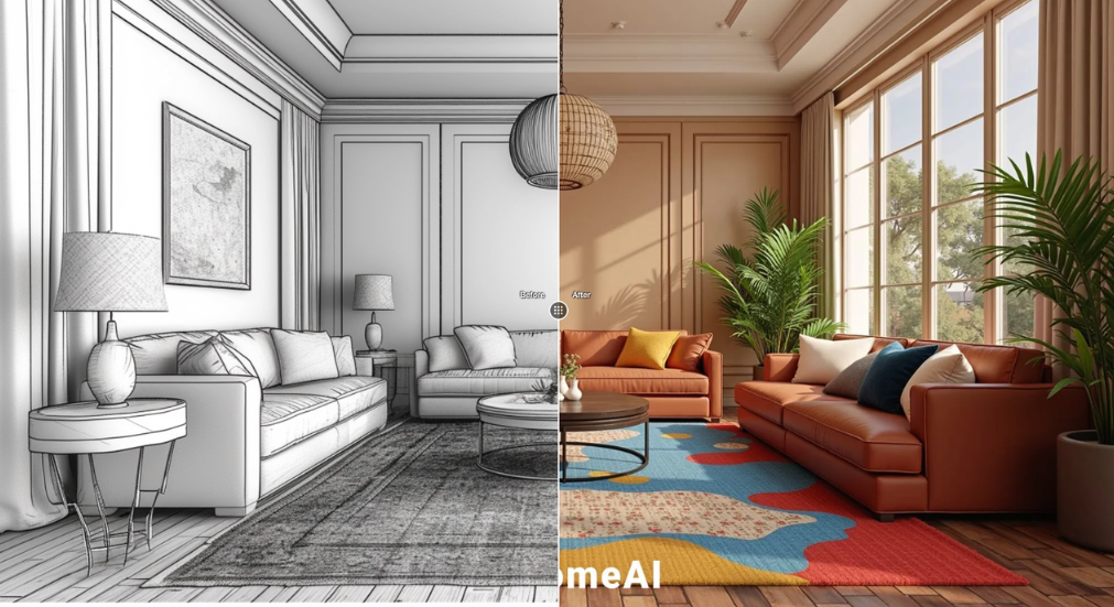 Before and after comparison of living room interior using PromeAI architectural lighting prompts cheatsheet, from sketch to warm colorful rendered space