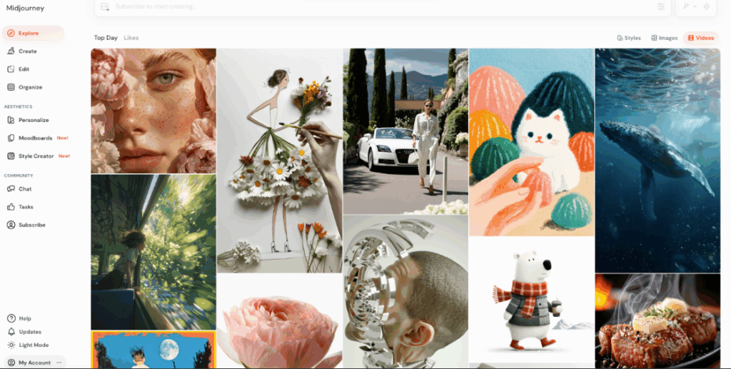 Midjourney dashboard showing top-liked AI-generated images and new style creator tools, ideal pick in AI image generator selection guide for designers.