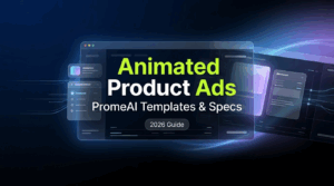 2026 guide cover highlighting promeai animated product ad templates and specifications.